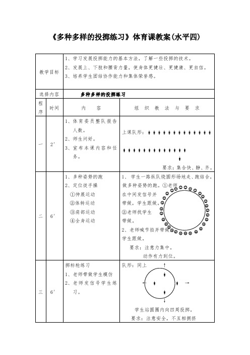 小学体育(水平四)五年级上册《多种多样的投掷练习》教案