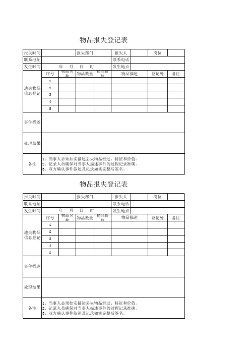 物品报失登记表空白Word模板