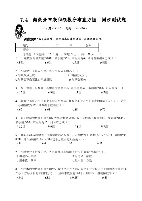 苏科版八年级数学下册 7.4 频数分布表和频数分布直方图 同步测试试题(无答案)