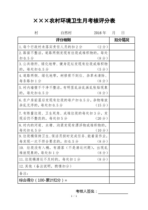 2016年农村环境卫生村组考核评分表
