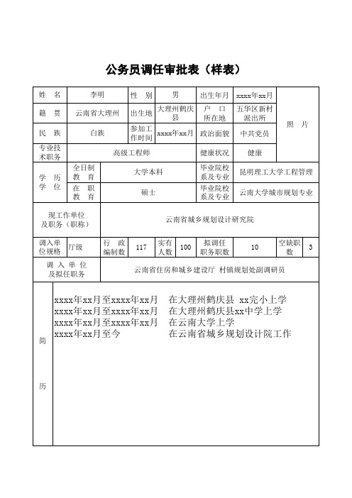 公务员调任审批表