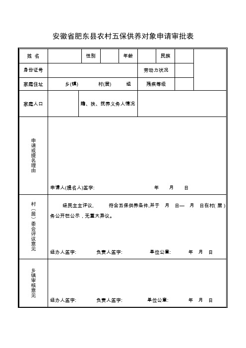 安徽省肥东县农村五保供养对象申请审批表