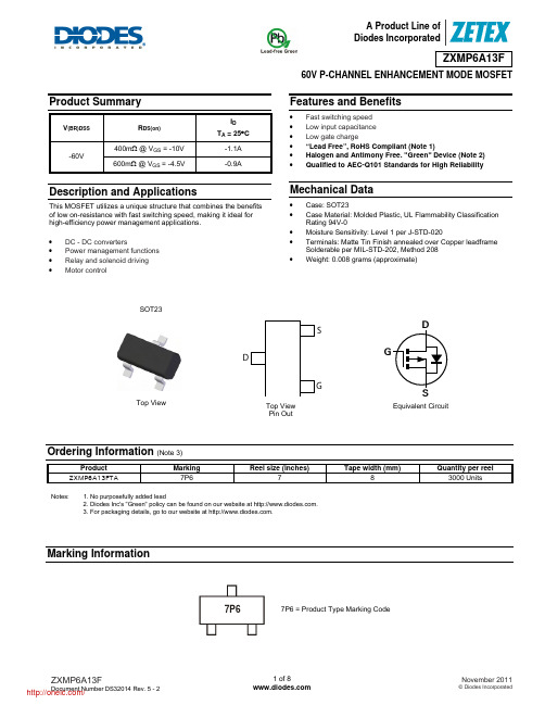 ZXMP6A13FTA;中文规格书,Datasheet资料