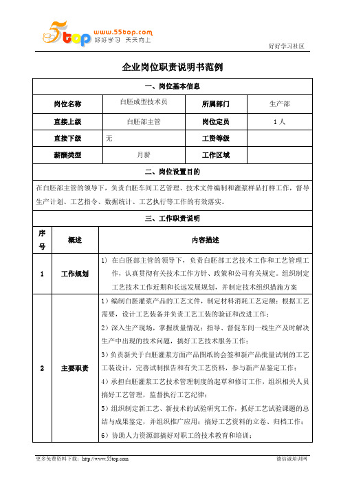 白胚成型技术员岗位职责说明书