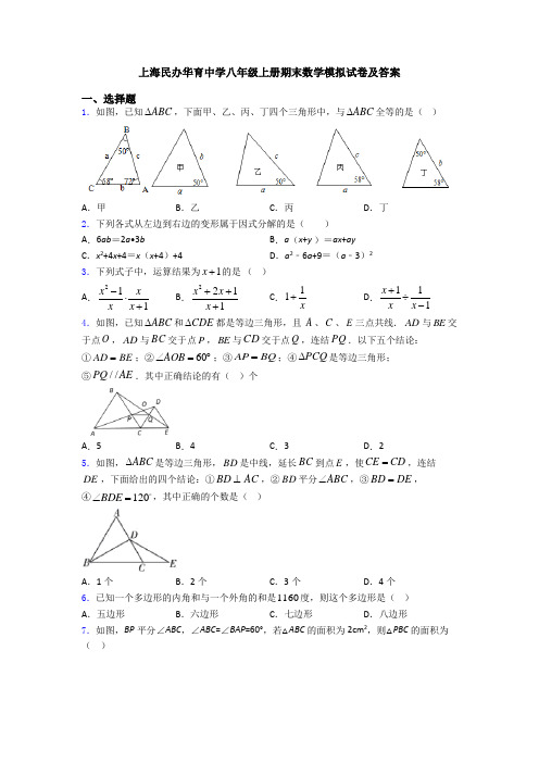 上海民办华育中学八年级上册期末数学模拟试卷及答案