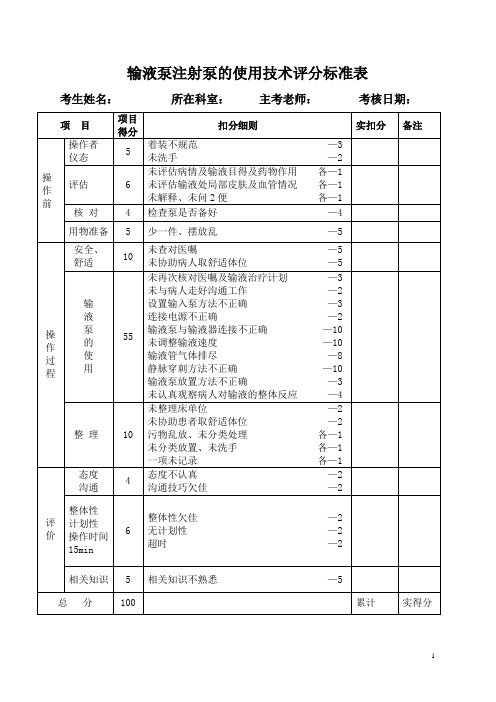 输液泵注射泵的使用技术评分标准表