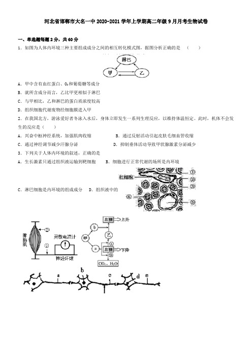 河北省邯郸市大名一中2021学年上学期高二年级9月月考生物试卷