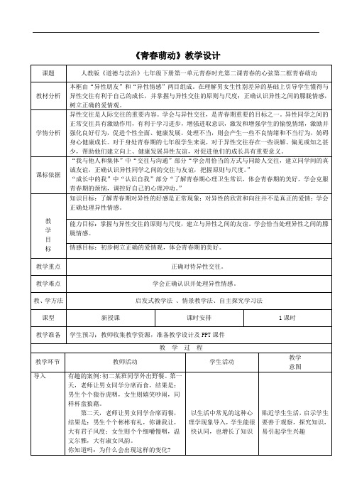 人教版《道德与法治》七下_2.2  青春萌动教学设计