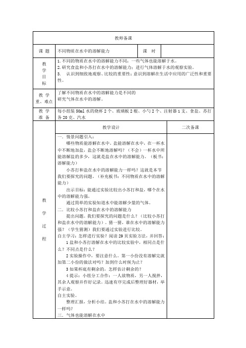 最新 教科版科学四年级上册：2.4不同物质在水中的溶解能力教案