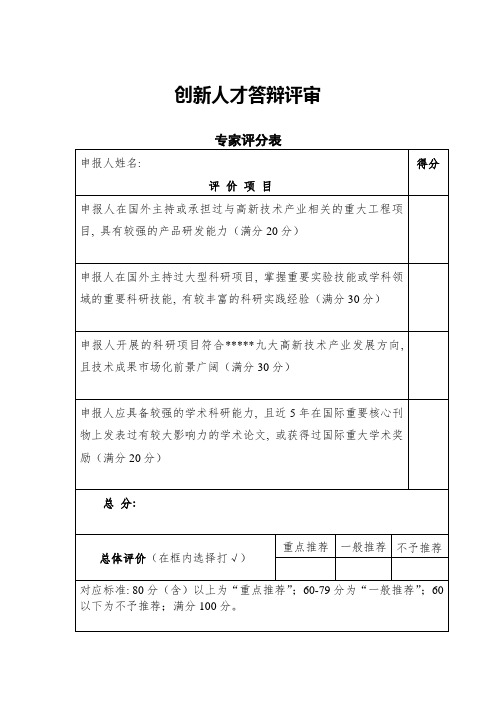 创新人才答辩评专家评审(分)表