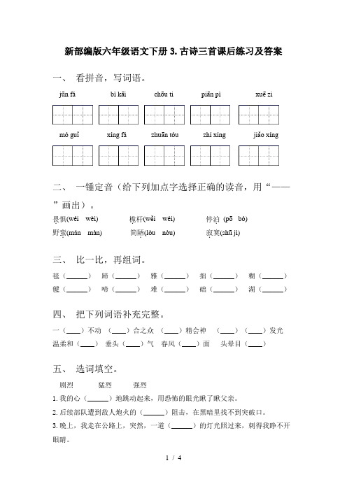 新部编版六年级语文下册3.古诗三首课后练习及答案