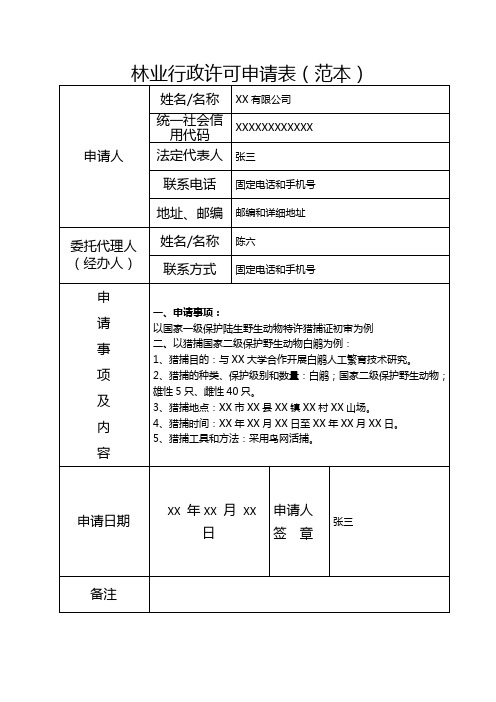 林业行政许可申请表(样表)