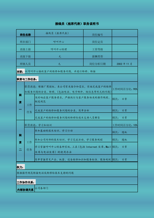 接线员(座席代表)职务说明书