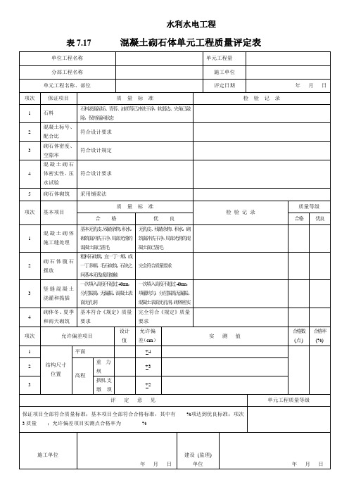 表7.17混凝土砌石体单元工程质量评定表