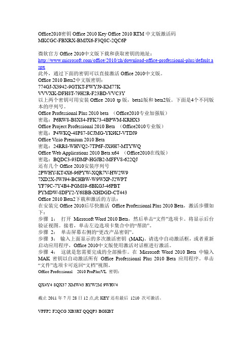 Office2010密钥Office 2010 Key Office 2010 RTM中文版激活码