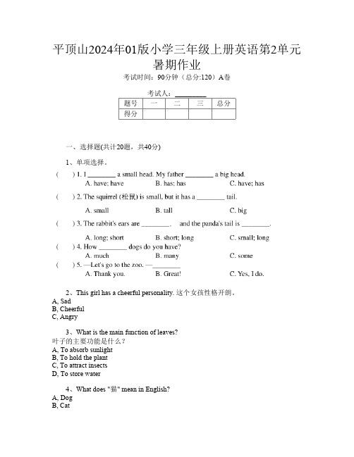 平顶山2024年01版小学三年级上册P卷英语第2单元暑期作业