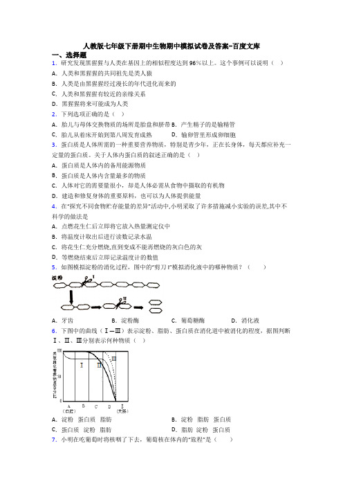 人教版七年级下册期中生物期中模拟试卷及答案-百度文库