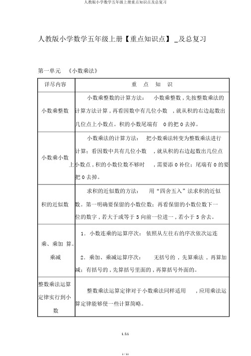 人教版小学数学五年级上册重点知识点及总复习