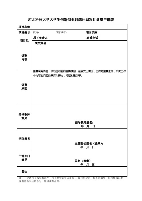 河北科技大学大学生创新创业训练计划项目调整申请表