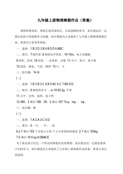 九年级上册物理寒假作业(答案)