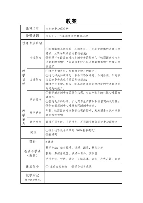 《汽车消费心理学(第3版)》教学讲义 项目2匹配教案 任务2-2：汽车消费者的群体心理