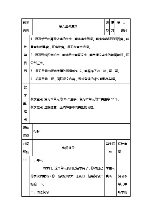 一年级下语文教学设计-第六单元复习-人教新课标