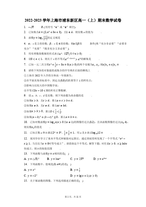 2022-2023学年上海市浦东新区高一(上)期末数学试卷(含答案解析)