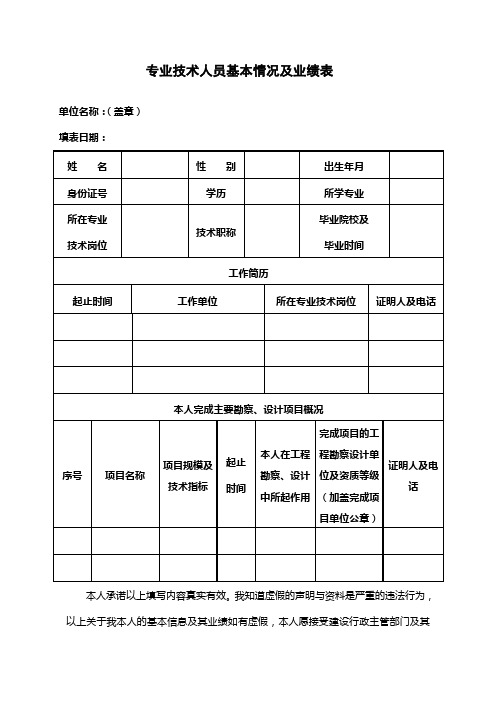 专业技术人员基本情况及业绩表【模板】