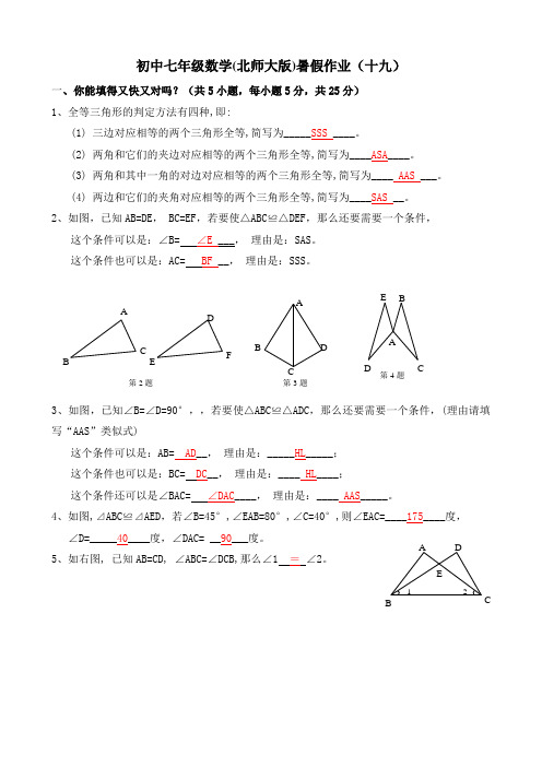 北师大版七年级下册数学暑假作业(十九)含答案