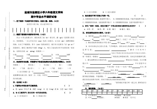 【苏教版】江苏盐城六年级下册语文期中测试卷