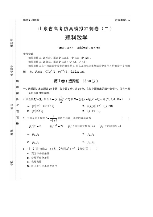 山东省高考仿真模拟冲刺卷数学理2 Word版含答案