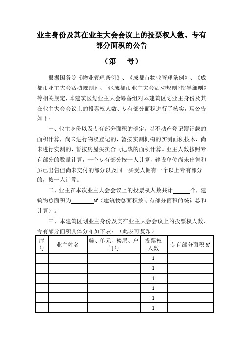 业主身份及其在业主大会会议上的投票权人数、专有部分面积的公告  成都