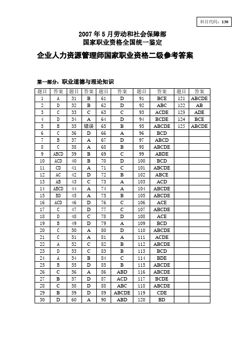 2007年5月人力资源管理师二级答案