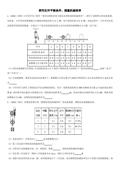 2020年中考物理专题小测:探究杠杆平衡条件、测量机械效率
