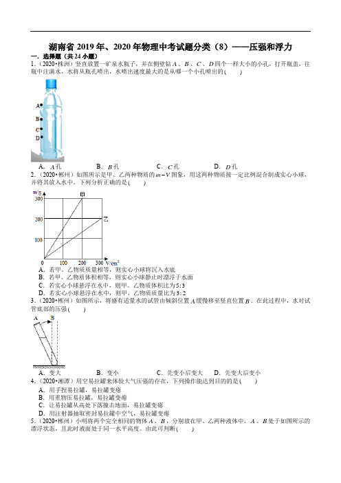 湖南省2019年、2020年物理中考试题分类(8)——压强和浮力(含解析)