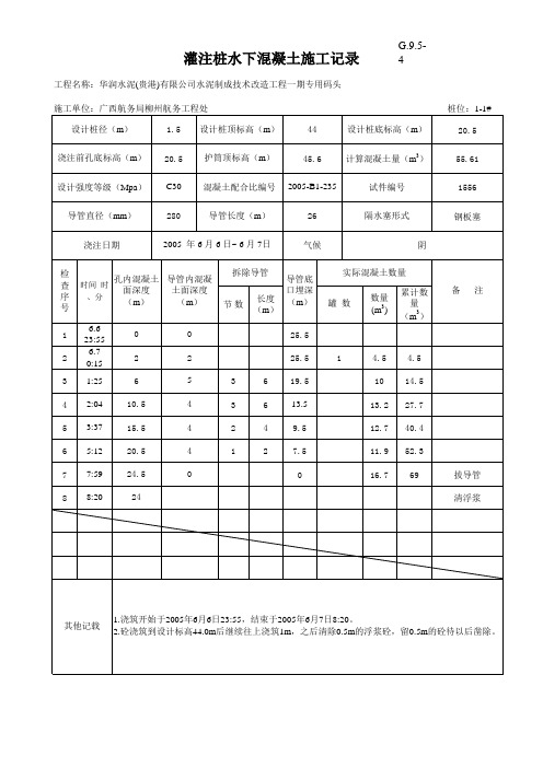 灌注桩水下混凝土施工记录