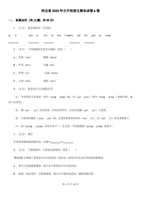 河北省2020年小升初语文期末试卷A卷(新版)