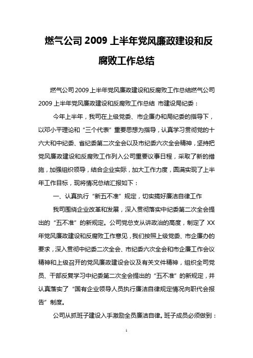 燃气公司2009上半年党风廉政建设和反腐败工作总结