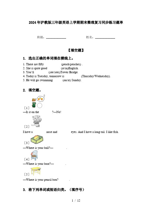 2024年沪教版三年级英语上学期期末整理复习同步练习题单