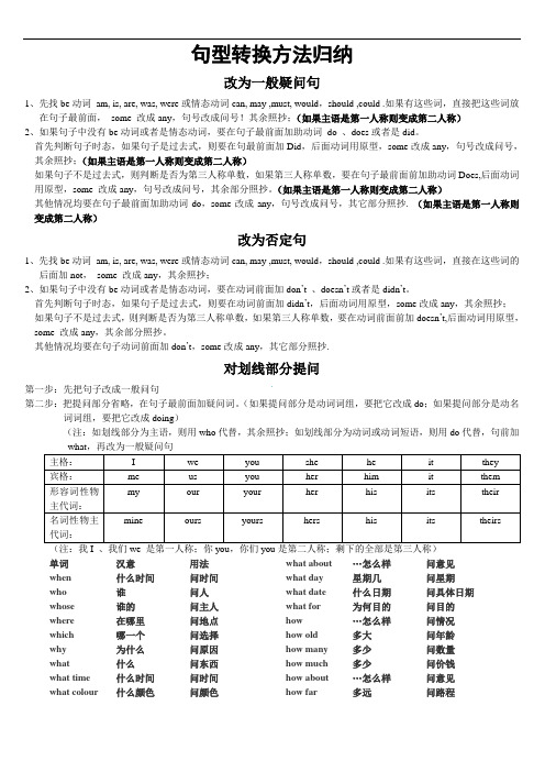 六年级英语句型转换方法归纳及时态一览表