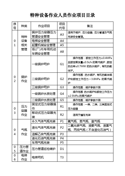 特种设备作业人员作业种类与项目