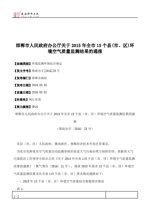 邯郸市人民政府办公厅关于2015年全市15个县(市、区)环境空气质量监