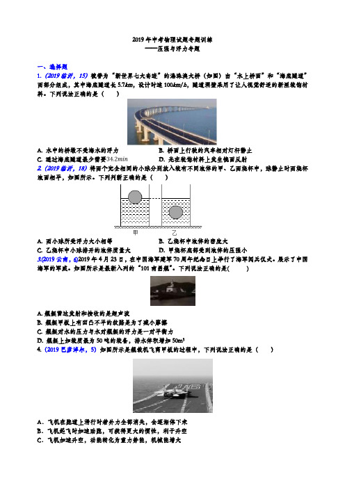 2019年中考物理试题专题训练——压强与浮力专题(word版含参考答案)