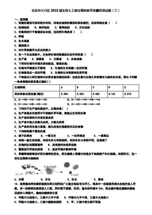 北京市大兴区2022届生物七上期末模拟教学质量检测试题(三)