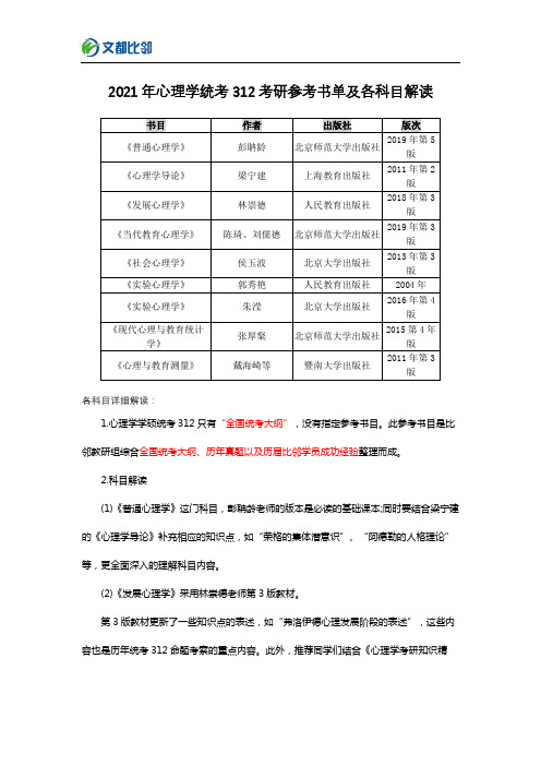 2021年心理学统考312考研参考书单及各科目解读