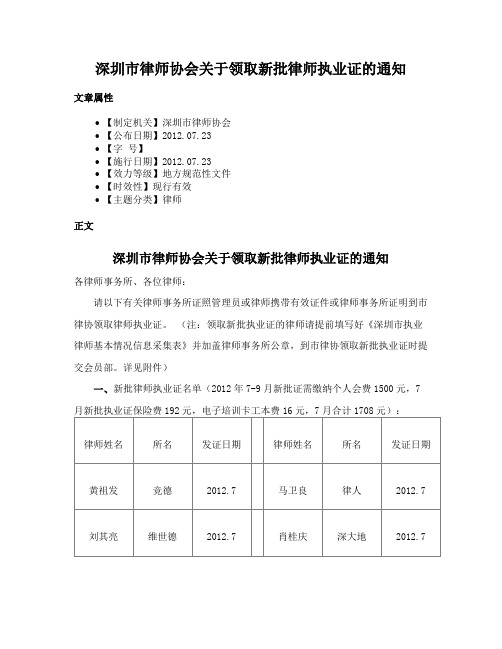 深圳市律师协会关于领取新批律师执业证的通知