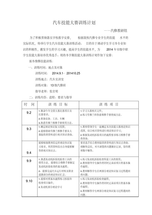 世界技能大赛训练计划 汽车技术项目 