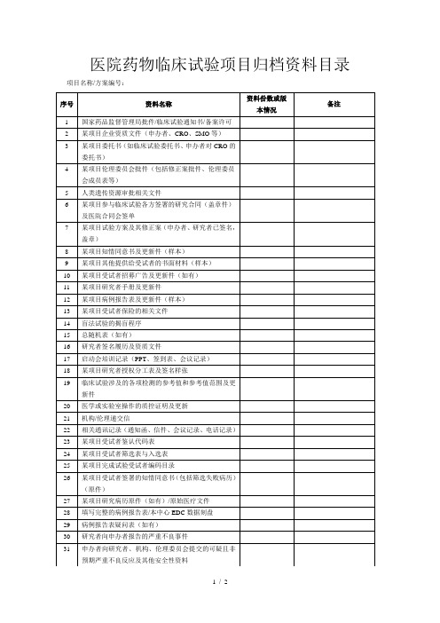 医院药物临床试验项目归档资料目录