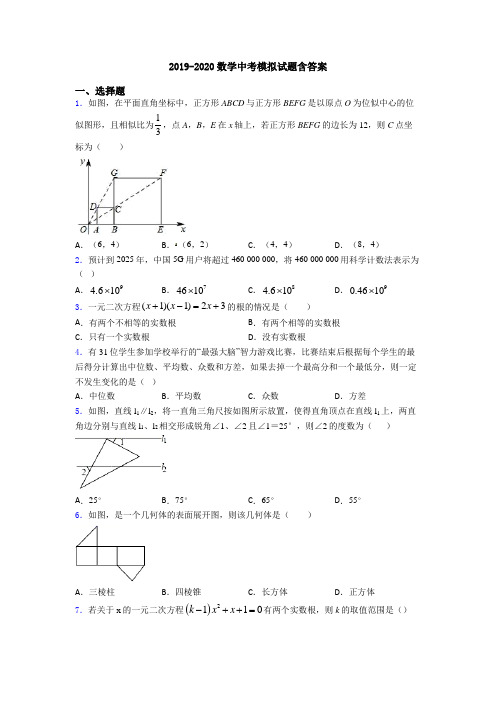 2019-2020数学中考模拟试题含答案