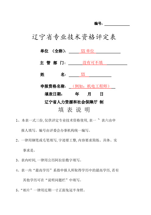 辽宁省专业技术资格评定表模板